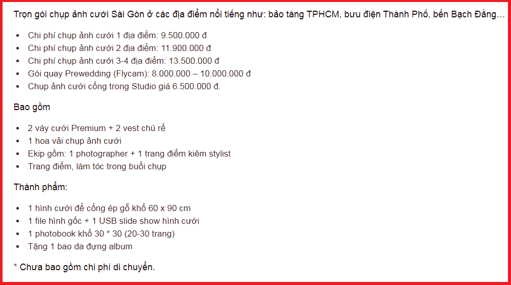 Mức giá chụp ảnh cưới phải chăng